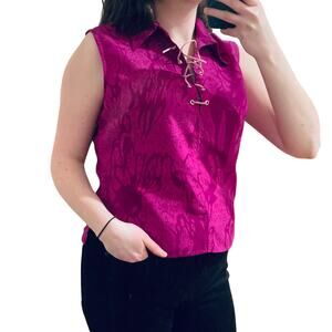 Vintage Y2K Womens M Pink Lace-up Collared Crop Top Fairy Grunge Whimsigoth